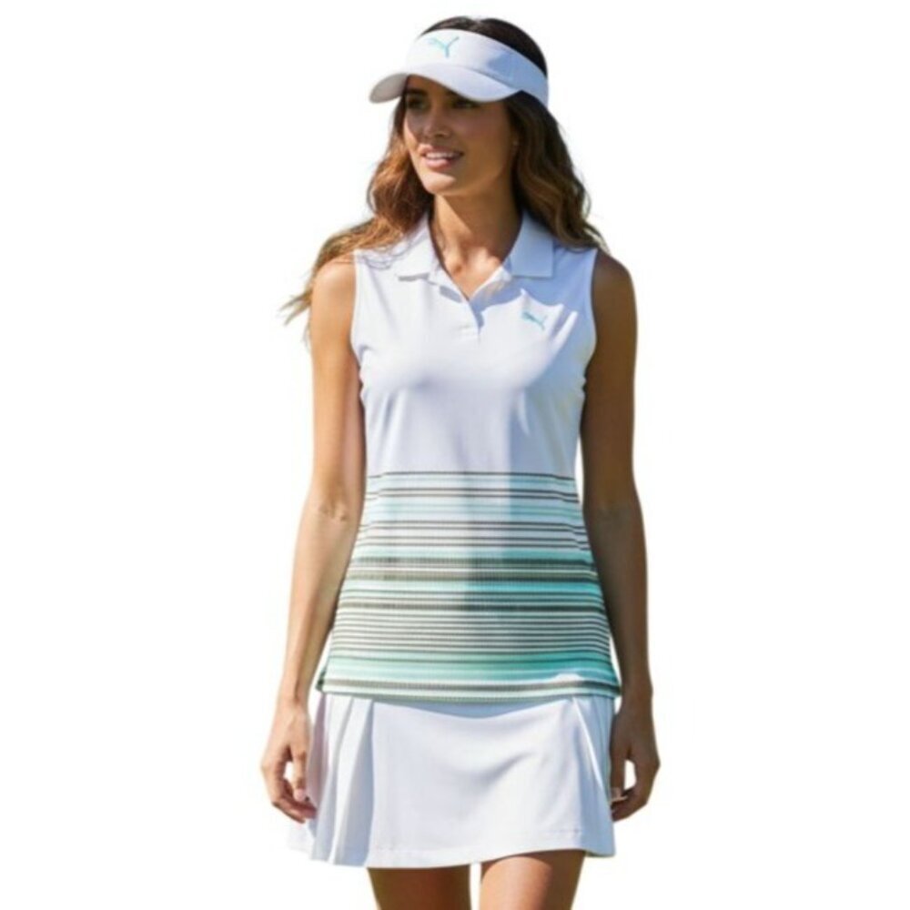 PUMA Golf Womens Sleeveless Polo Size XS White Striped Performance UV NEW